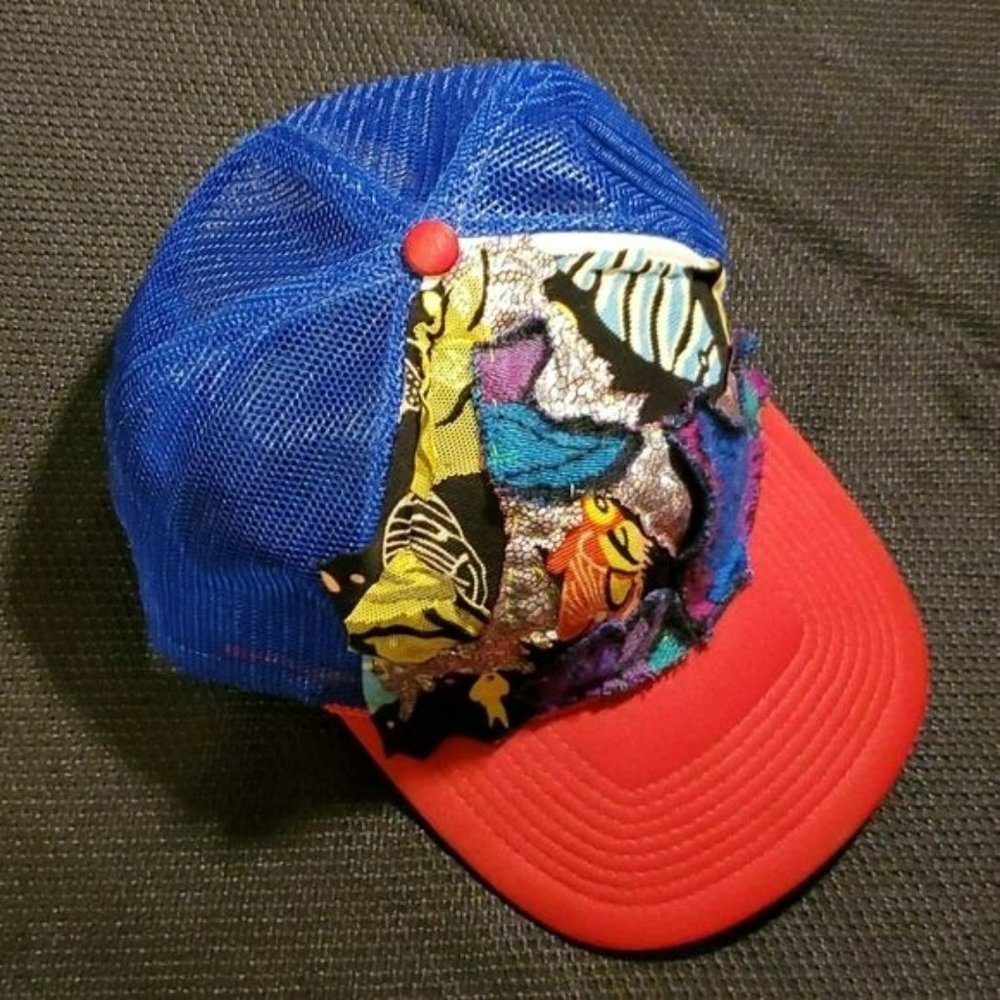 Trucker Hat, Custom , Patchwork Red/Blk Euc - image 3